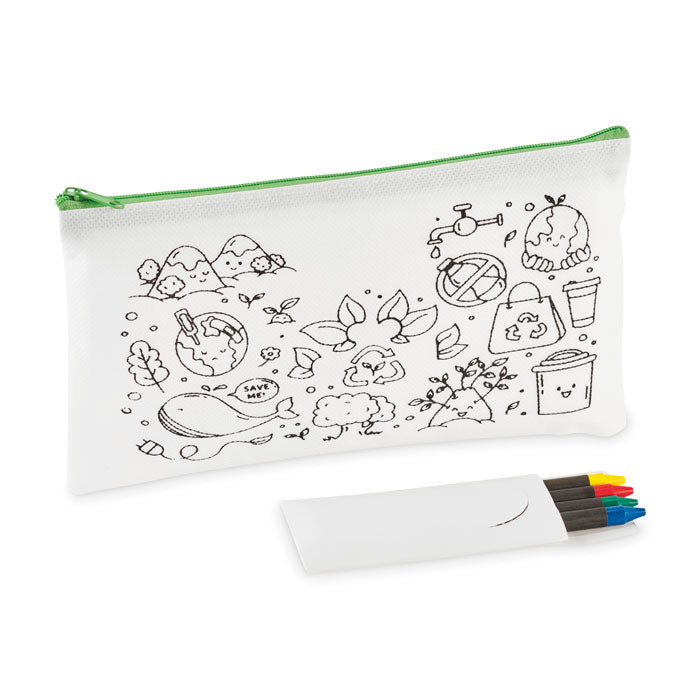 Branded Non-Woven Pencil Case with Crayons in Green