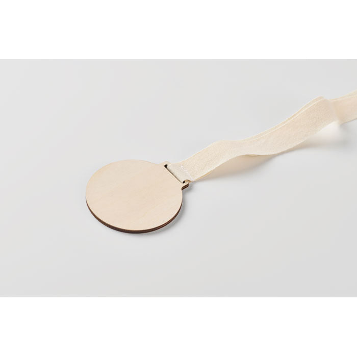 Branded Wooden Medal with Cotton Strap in use