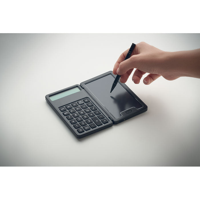Branded Calculator with LCD Writing Tablet in use