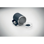 Branded double wall mug with sliding lid, side view