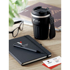 Branded Notebook, Pen and Tumbler Gift Set in use