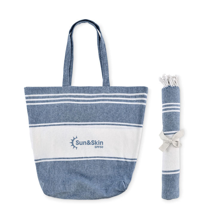 Branded Beach Bag with Hammam Towel Set in Blue