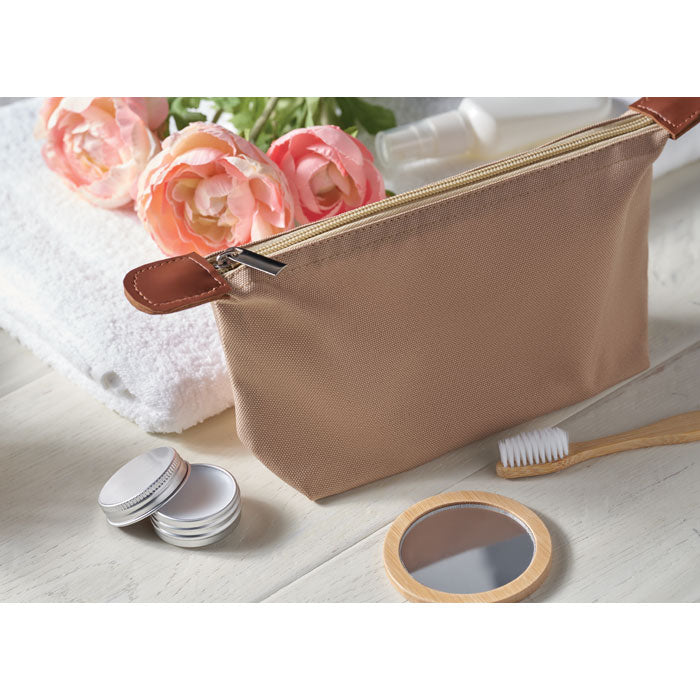 Branded RPET Cosmetic Bag with PU Detail in use