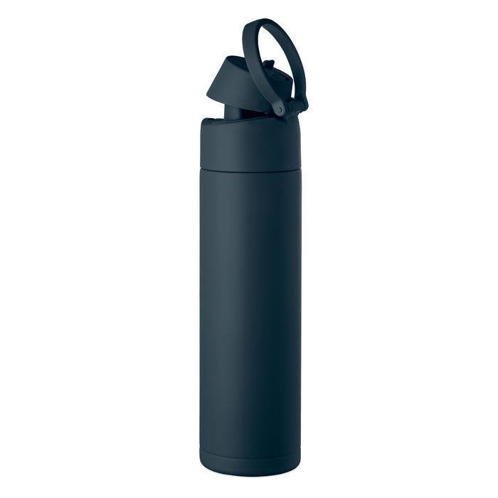 Branded recycled steel bottle with straw and handle, top