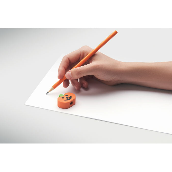 Branded Halloween Pencil with Pumpkin Eraser in use