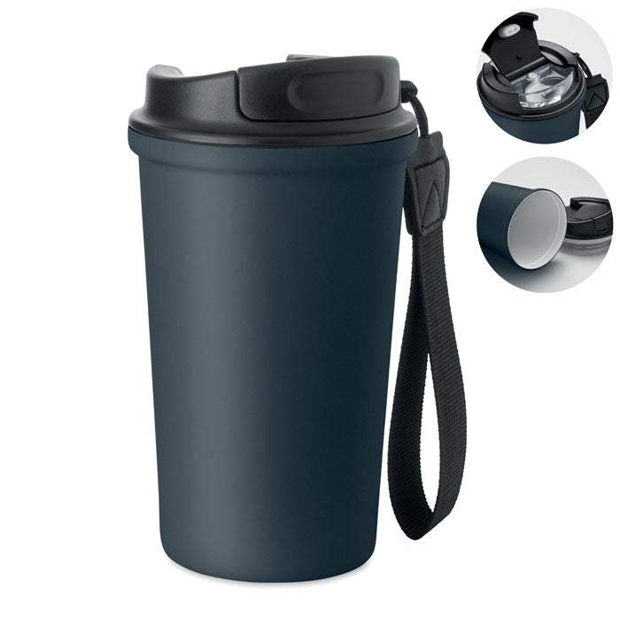 Branded ceramic-lined tumbler with wrist strap