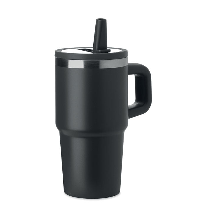 Branded Recycled Steel Tumbler with Straw - 500ml in Black