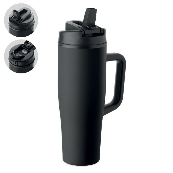Branded Recycled Steel Tumbler with Straw - 900ml in Black