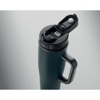 Branded recycled steel tumbler with straw, top view