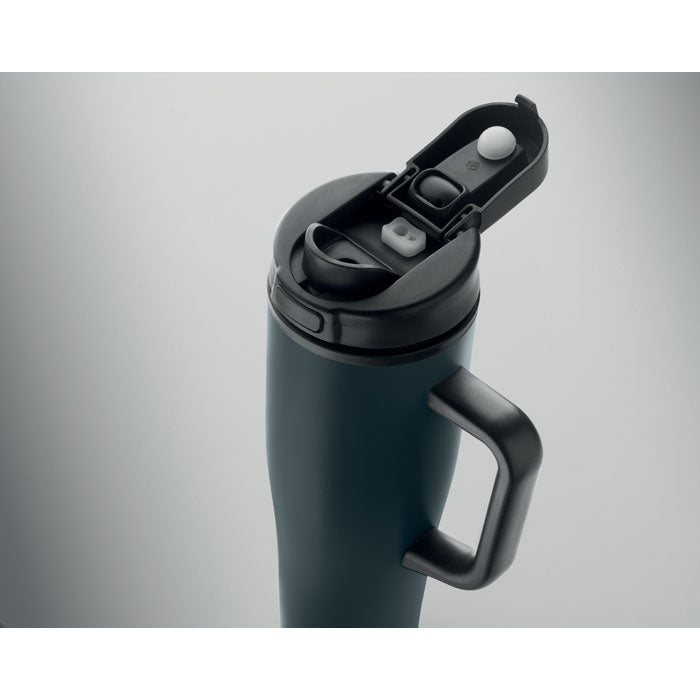 Branded recycled steel tumbler with straw, top view