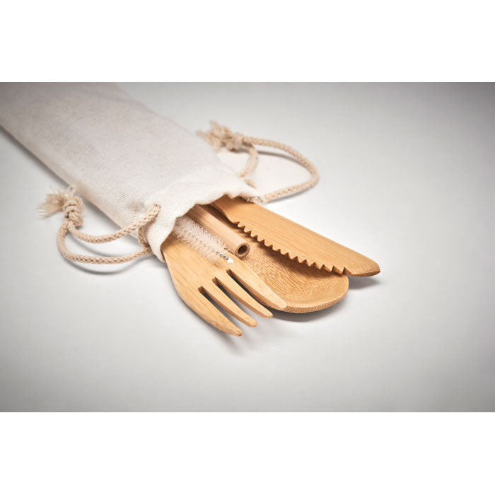 Branded Bamboo Cutlery Set with Straw without branding