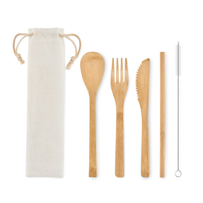 Branded Bamboo Cutlery Set with Straw without branding