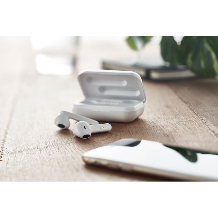 Branded Recycled ABS TWS Earbuds with Charging Base in use