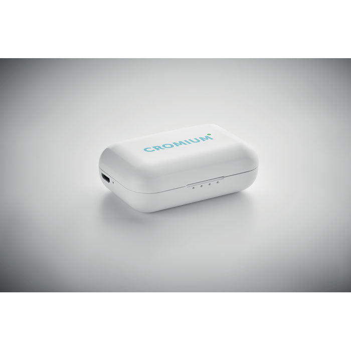 Branded Recycled ABS TWS Earbuds with Charging Base in use