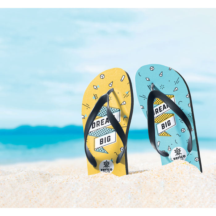 Branded Sublimation Beach Slippers in use