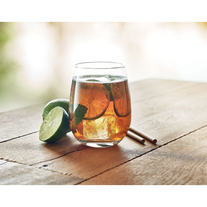 Branded reusable stemless glass, in use