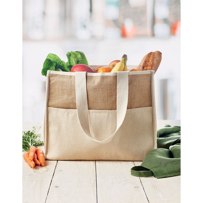 Branded Jute and Canvas Cooler Bag in use