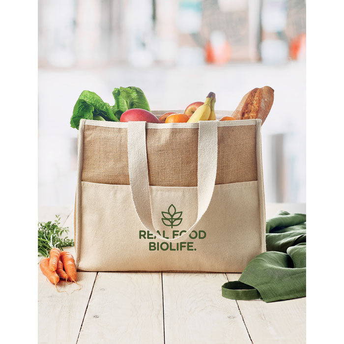 Branded Jute and Canvas Cooler Bag in use