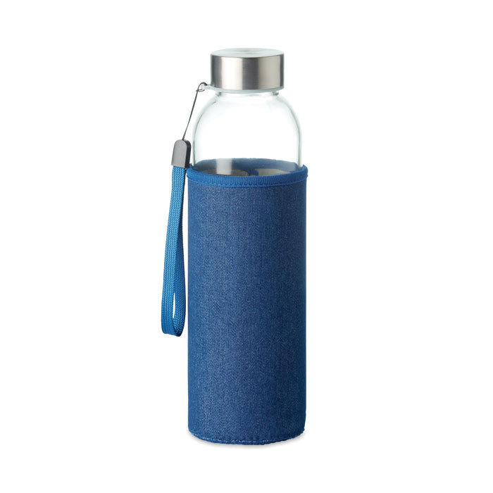 Branded glass bottle with denim-look pouch