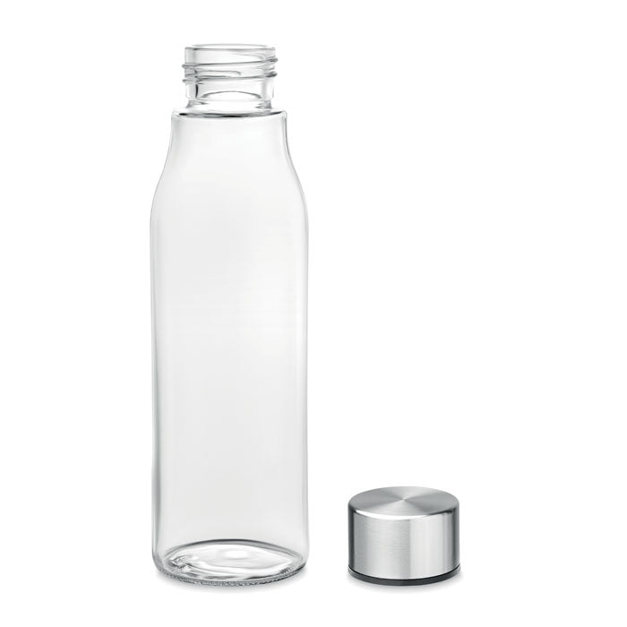 Branded glass bottle, open