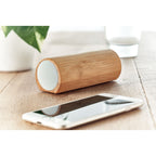 Branded Bamboo Stereo Wireless Speaker in use