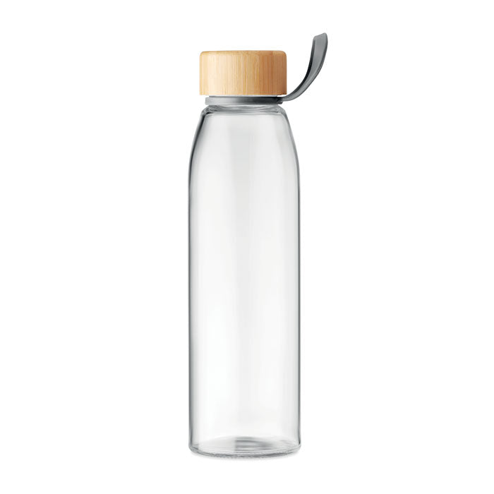 Branded glass bottle, open