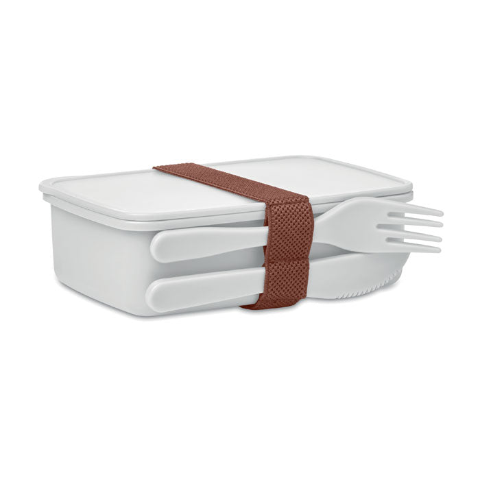 Branded PP Lunch Box with Cutlery in White