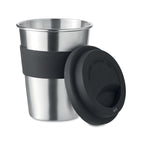Branded steel tumbler with silicone lid, side view