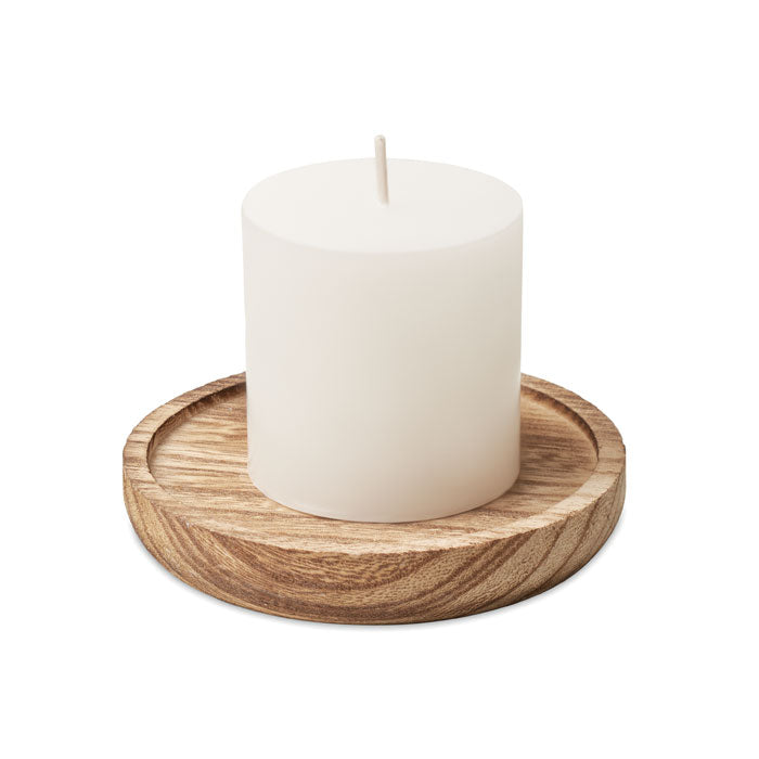Branded Candle on Round Wooden Base in Brown