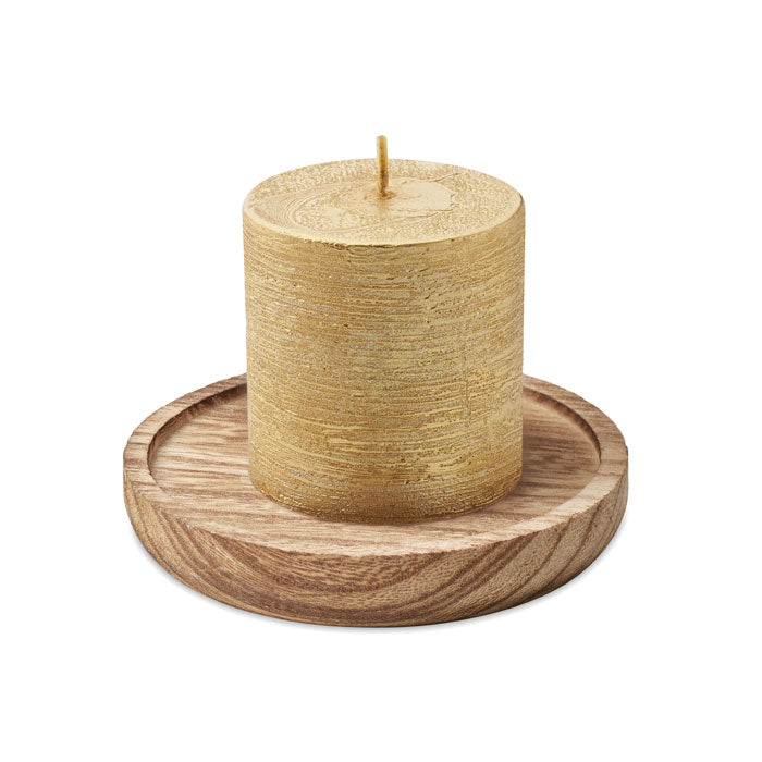 Branded Candle on Round Wooden Base in Gold