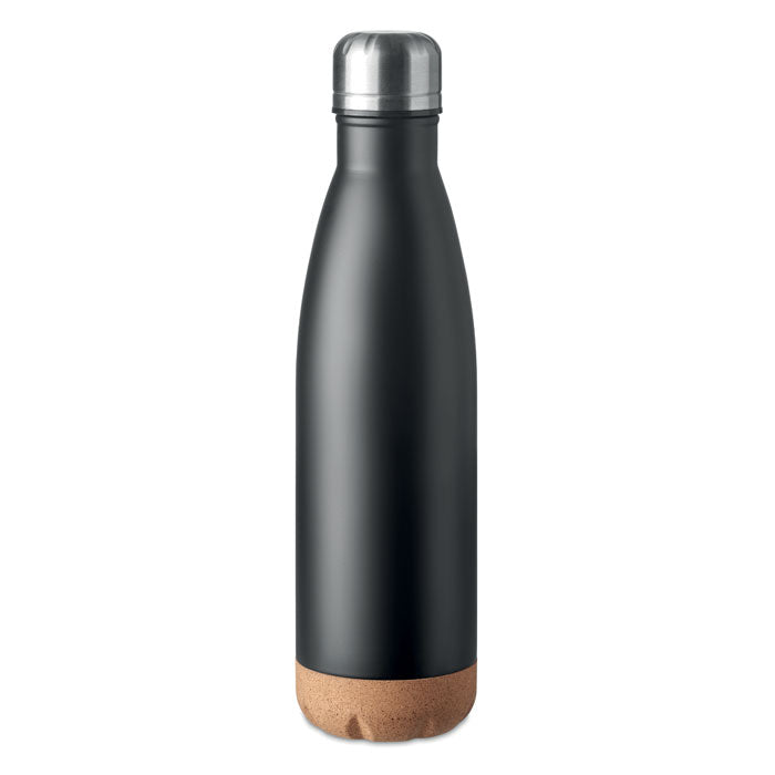 Branded Double Wall Water Bottle with Cork Base in Black
