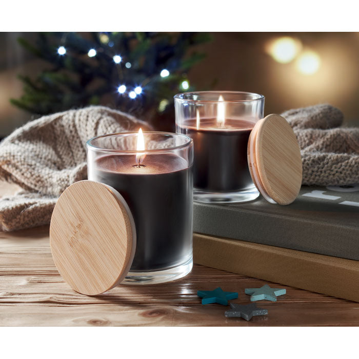 Branded Vanilla Candle in Glass with Bamboo Lid in use