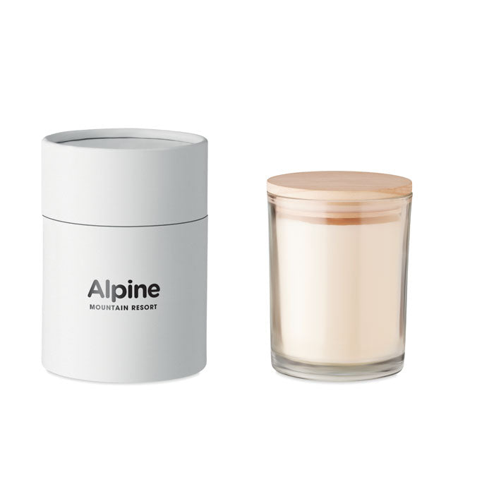 Branded Vanilla Candle in Glass with Bamboo Lid in White