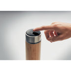 Branded bamboo vacuum flask with thermometer and tea infuser, detail