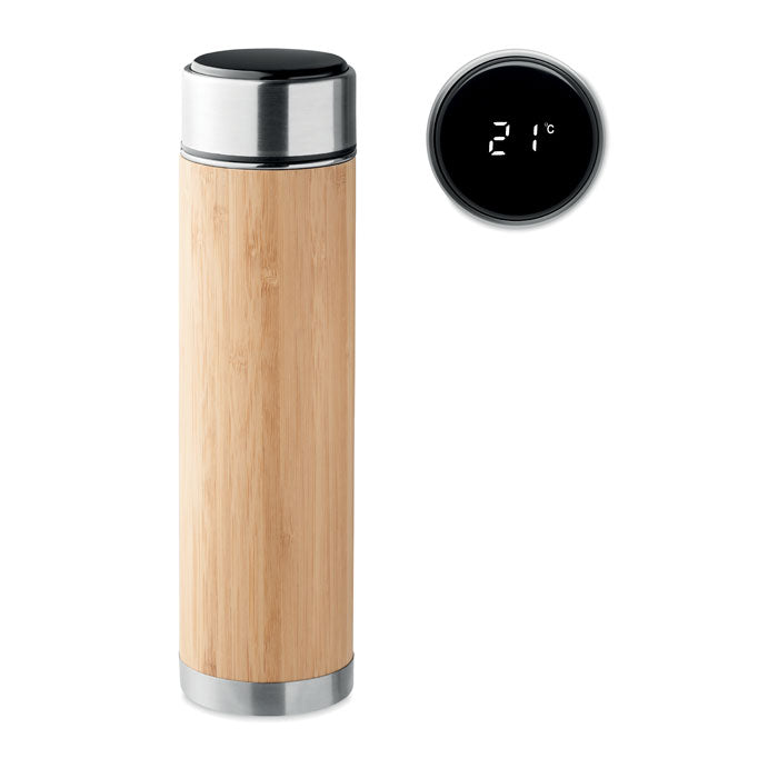 Branded bamboo vacuum flask with thermometer and tea infuser
