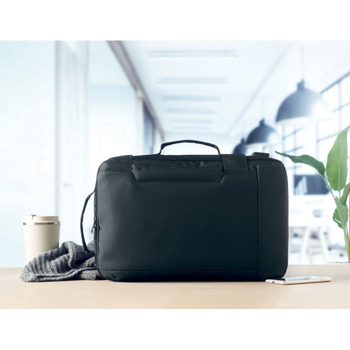 Branded Laptop Backpack in 300D RPET 28 x 12 x 42cm in use