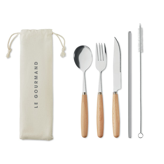 Branded Stainless Steel Cutlery Set with Straw