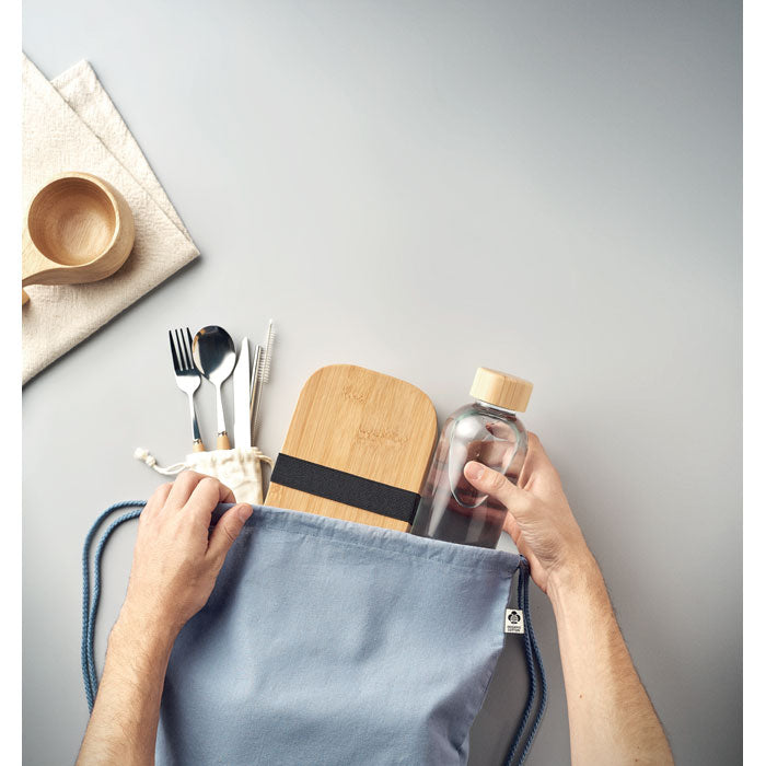Branded Organic Cotton Drawstring Bag in use