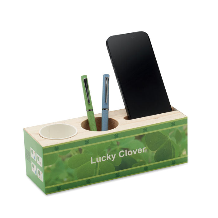Branded Wooden Desk Stand with Clover Seeds without branding