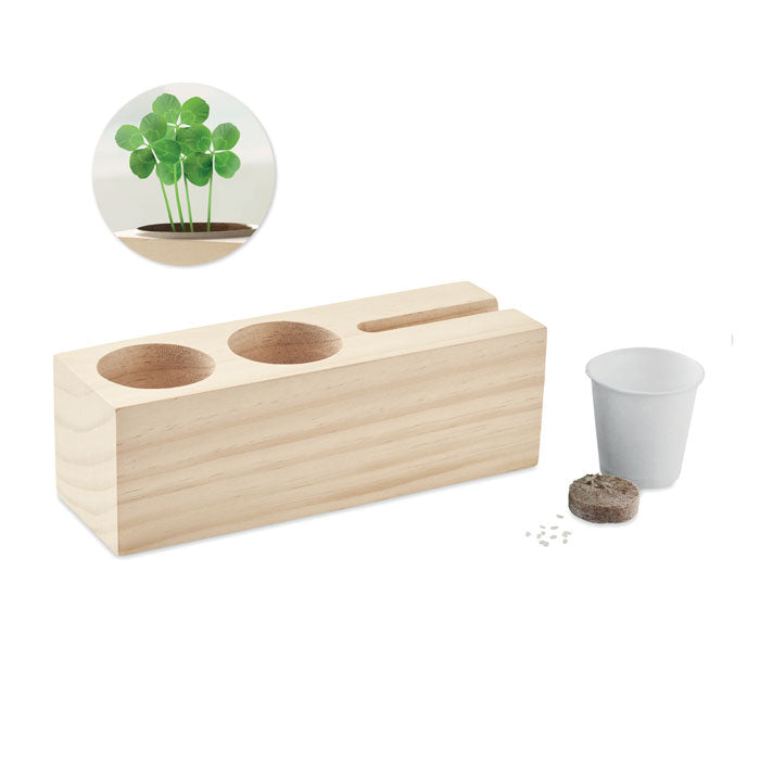 Branded Wooden Desk Stand with Clover Seeds without branding