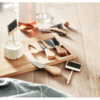 Branded Bamboo Cheese Board Set with Knives and Fork in use
