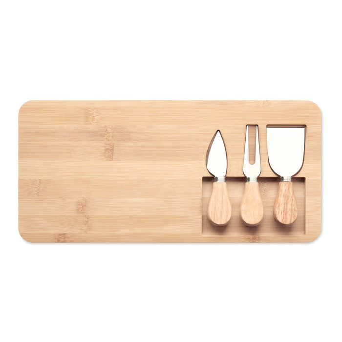 Branded Bamboo Cheese Board Set with Knives and Fork without branding