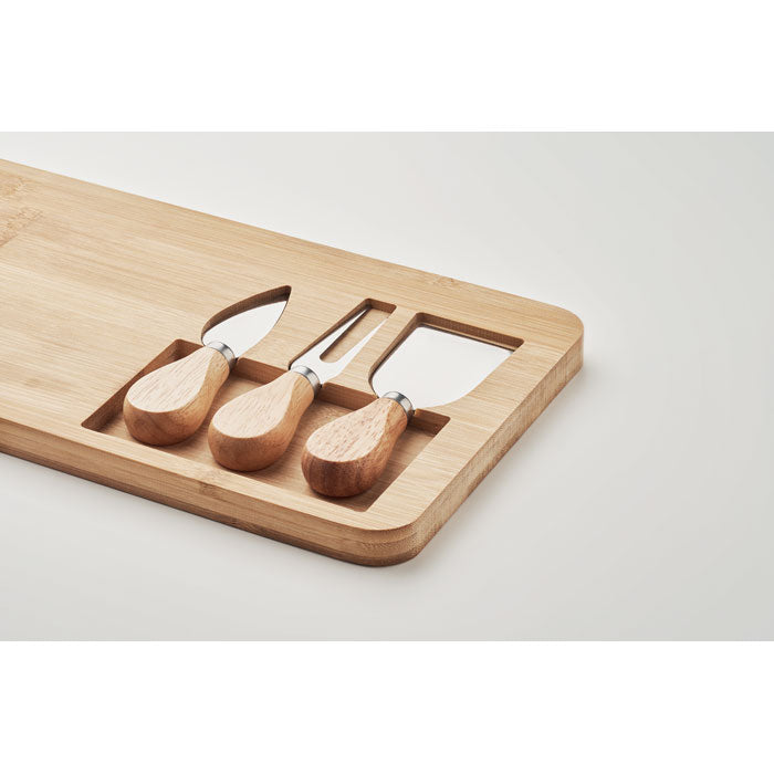 Branded Bamboo Cheese Board Set with Knives and Fork without branding