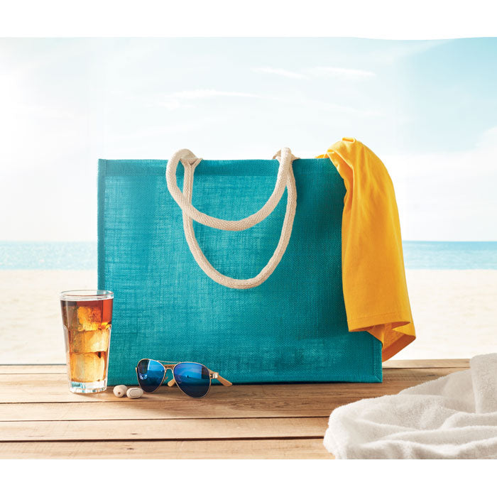 Coloured Jute Tote Bag in use