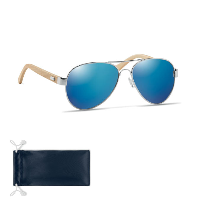 Branded Bamboo Sunglasses in Pouch in Blue