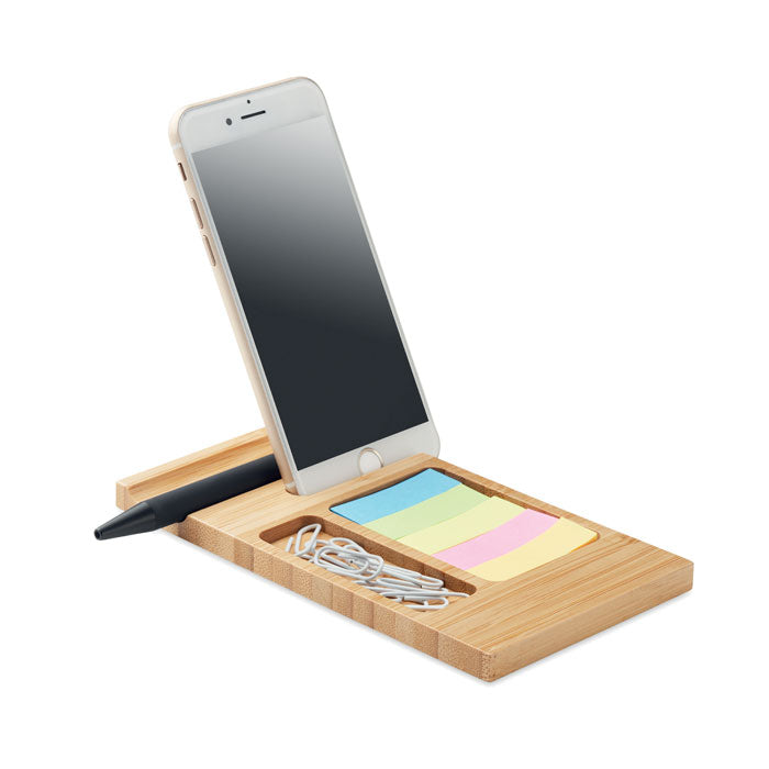 Branded Bamboo Desk Phone Stand with Paper Clips and Sticky Notes without branding