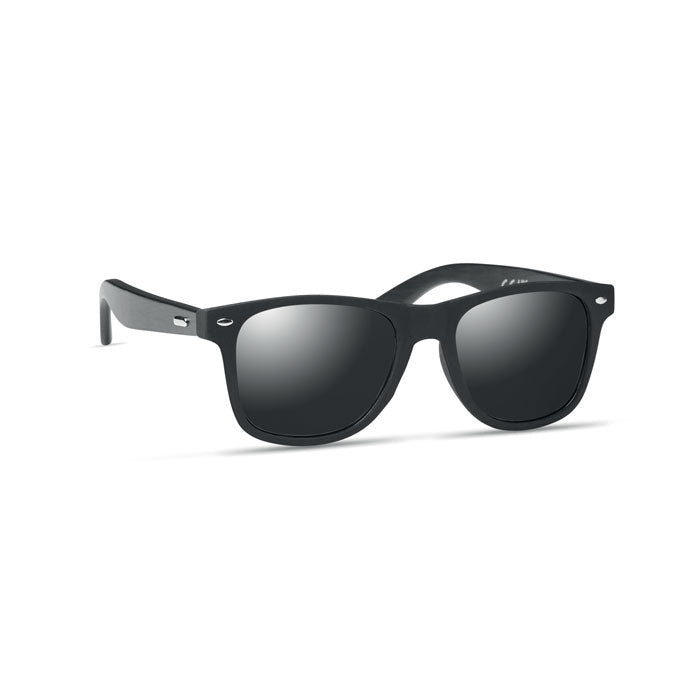 Branded Black Bamboo Arm Mirrored Sunglasses in Black