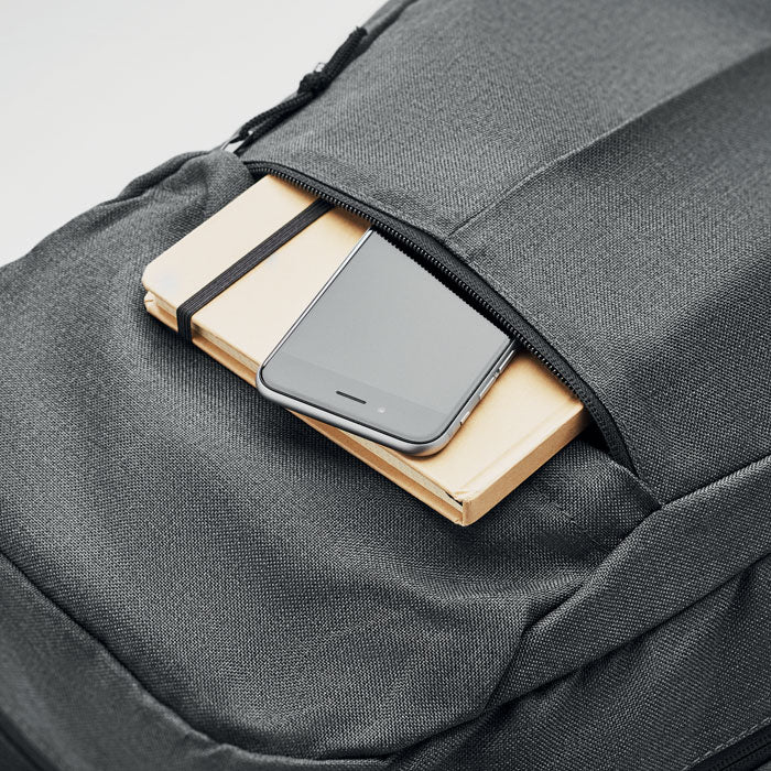 Branded 600D RPET 2 Tone Backpack in use