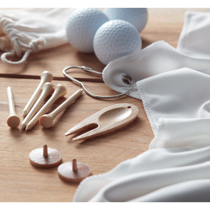 Branded Bamboo Golf Accessories Set in use