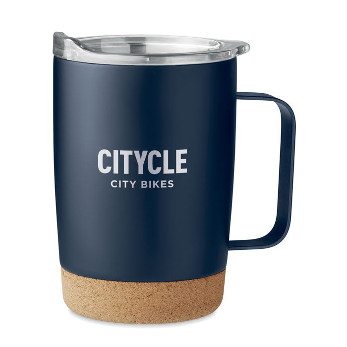 Branded double wall mug with cork base, printed